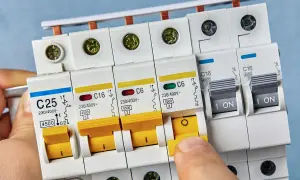 Palec naciska żółty wyłącznik nadprądowy typu b. Obok widać inne zabezpieczenia elektryczne.