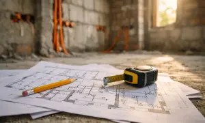Plany budowy, ołówek i miarka leżą na ziemi. W tle widać instalację elektryczną, zgodną z normami elektrycznymi.