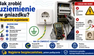 Instrukcja bezpiecznego wykonania uziemienia w gniazdku. Sprawdź przewód PE, wyłącz zasilanie i zleć pomiary elektrykowi.