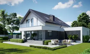 Nowoczesny dom z tarasem i ogrodem, idealny do relaksu. Projekt homekoncept 03.