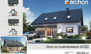 Nowoczesny dom 120,05 m² z garażem i tarasem, otoczony zadbanym ogrodem. Projekt "Dom w malinówkach 23 (G)".