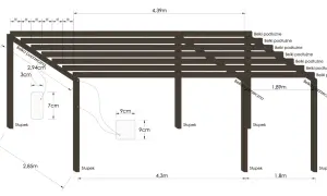 Techniczny projekt pergoli z wymiarami: słupki, belki podłużne i poprzeczne. Wymiary: 4,39m, 2,3m, 2,85m, 1,89m, 1,8m.