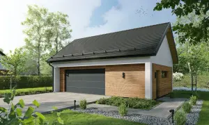 Nowoczesny budynek gospodarczy projekt 35m2 z drewnianą elewacją i dużym garażem, otoczony zielenią.