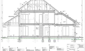 Projekt domu indywidualnego: przekrój poprzeczny z detalami konstrukcyjnymi i materiałowymi.