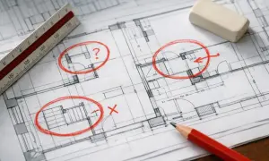 Przekrój domu rysunek z zaznaczonymi pytajnikami i krzyżykami. Linijka, ołówek i gumka sugerują proces projektowania.