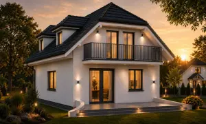 Nowoczesny dom z balkonem, projekt domu Adaś 70m2, oświetlony wieczorem.