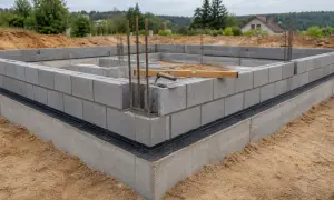 Fundamenty domu w budowie, z widocznym murem z bloczków betonowych, zbrojeniem i narzędziami budowlanymi.