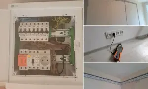 Nowa instalacja elektryczna: rozdzielnica z zabezpieczeniami, gniazdka i przewody w ścianach.
