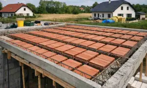 Budowa stropu monolitycznego z pustaków ceramicznych i zbrojenia. W tle domy i zielone pola.