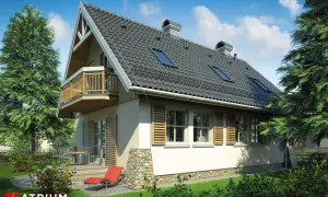 Nowy projekt domu z balkonem i kamienną podmurówką, otoczony zielenią. Idealne miejsce na relaks.
