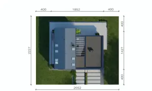 Nowoczesny dom z płaskim dachem, projekt HOMEKONCEPT 77, widziany z góry. Otoczony zielenią i wybrukowanym tarasem.