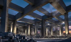Betonowy strop fert 40 w budowie, nocą. Kolumny i belki tworzą surową architekturę. W tle zachód słońca.
