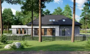 Nowoczesny dom z drewna i betonu, otoczony lasem. Projekt homekoncept 26 wariant 10, z dużymi oknami i dachem dwuspadowym.
