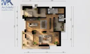 Projekt rozbudowy domu: widok z góry na salon, kuchnię, jadalnię, sypialnię i łazienki. Nowoczesne wnętrza z drewnianymi podłogami i dużą ilością zieleni.