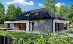 Nowoczesny dom z szarym kamieniem i drewnem, otoczony sosnami. Jedna z wielu inspirujących realizacji homekoncept 26.