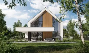 Nowoczesny dom z dużymi przeszkleniami i drewnianymi elementami, otoczony zielenią. Projekt homekoncept 130.