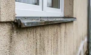Brudne pionowe pasy na elewacji pod oknem, ślady po deszczu i brudzie.