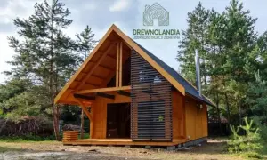 Nowoczesny domek letniskowy z drewna, otoczony sosnami. Idealny projekt dla miłośników natury.