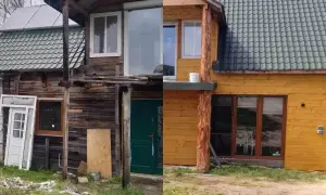 Przemiana starego domu na wzniesieniu w przytulne, drewniane schronienie. Widać wyraźną różnicę przed i po remoncie.