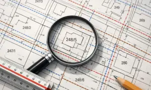 Mapa zasadnicza z zaznaczonymi działkami, powiększona lupa skupia się na działce 248/5. Obok leży linijka i ołówek.