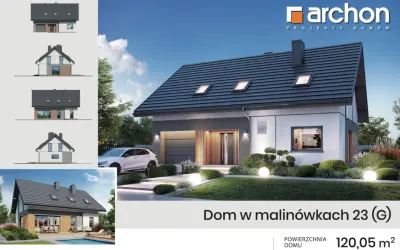 Nowoczesny dom 120,05 m² z garażem i tarasem, otoczony zadbanym ogrodem. Projekt "Dom w malinówkach 23 (G)".