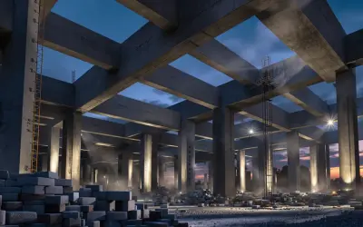 Betonowy strop fert 40 w budowie, nocą. Kolumny i belki tworzą surową architekturę. W tle zachód słońca.