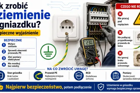 Instrukcja bezpiecznego wykonania uziemienia w gniazdku. Sprawdź przewód PE, wyłącz zasilanie i zleć pomiary elektrykowi.