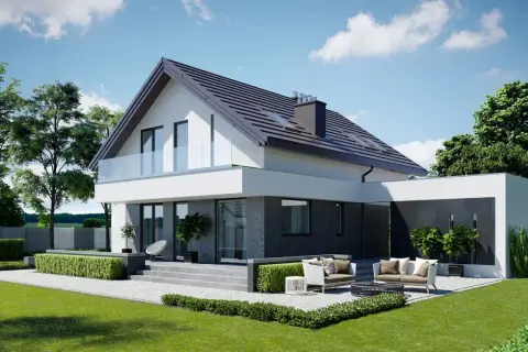 Nowoczesny dom z tarasem i ogrodem, idealny do relaksu. Projekt homekoncept 03.