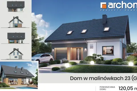 Nowoczesny dom 120,05 m² z garażem i tarasem, otoczony zadbanym ogrodem. Projekt "Dom w malinówkach 23 (G)".
