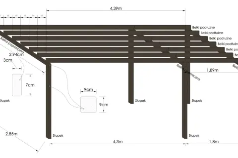 Techniczny projekt pergoli z wymiarami: słupki, belki podłużne i poprzeczne. Wymiary: 4,39m, 2,3m, 2,85m, 1,89m, 1,8m.