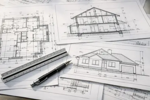 Na stole leżą rysunki architektoniczne: przekrój domu, rzut parteru i elewacja. Obok znajduje się linijka i długopis, gotowe do pracy nad projektem technicznym i budowlanym.