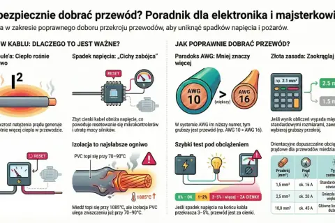Rodzaje przewodów elektrycznych tabela: porównanie przekrojów, spadku napięcia i obciążenia prądowego. Wybierz grubszy przewód, jeśli obliczenia wypadają między standardowymi rozmiarami.