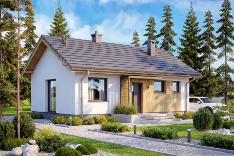 Nowoczesny projekt domu 70m2 z drewnianymi elementami, otoczony zielenią i sosnami. Biała elewacja, szary dach, duże okna.