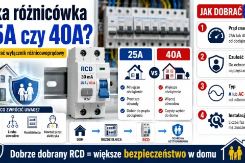 Porównanie wyłączników różnicowoprądowych 25A i 40A. Wybór odpowiedniej różnicówki do falownika zależy od obciążenia i liczby obwodów.