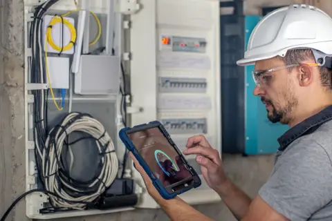 Technik w kasku i okularach ochronnych sprawdza przegląd instalacji elektrycznej domu na tablecie. Widoczne przewody i rozdzielnica.