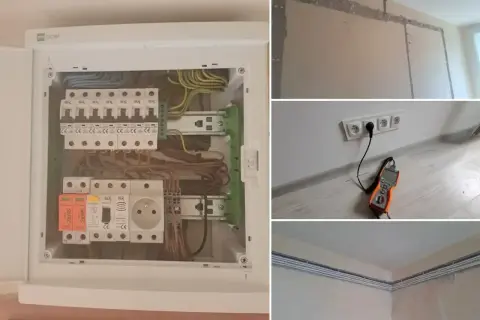 Nowa instalacja elektryczna: rozdzielnica z zabezpieczeniami, gniazdka i przewody w ścianach.