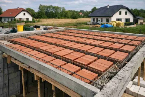 Budowa stropu monolitycznego z pustaków ceramicznych i zbrojenia. W tle domy i zielone pola.