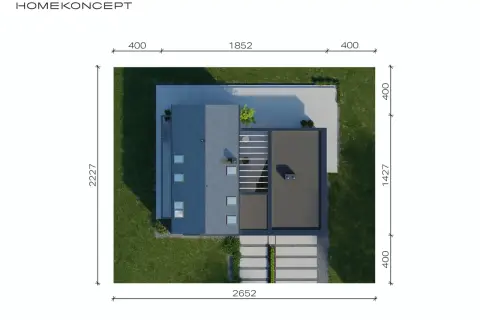 Nowoczesny dom z płaskim dachem, projekt HOMEKONCEPT 77, widziany z góry. Otoczony zielenią i wybrukowanym tarasem.