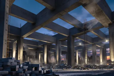 Betonowy strop fert 40 w budowie, nocą. Kolumny i belki tworzą surową architekturę. W tle zachód słońca.