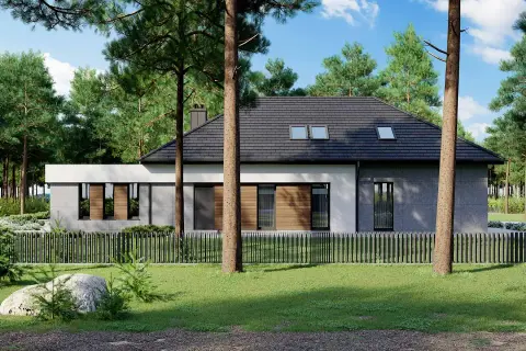 Nowoczesny dom z drewna i betonu, otoczony lasem. Projekt homekoncept 26 wariant 10, z dużymi oknami i dachem dwuspadowym.