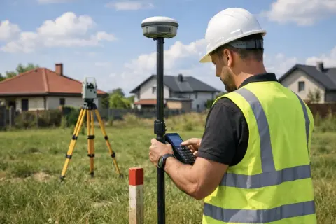 Geodeta mierzy teren, by określić, jaka wielkość działki pod dom będzie optymalna. W tle domy i sprzęt pomiarowy.