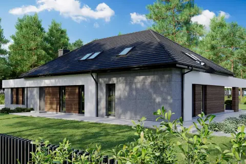 Nowoczesny dom z szarym kamieniem i drewnem, otoczony sosnami. Jedna z wielu inspirujących realizacji homekoncept 26.