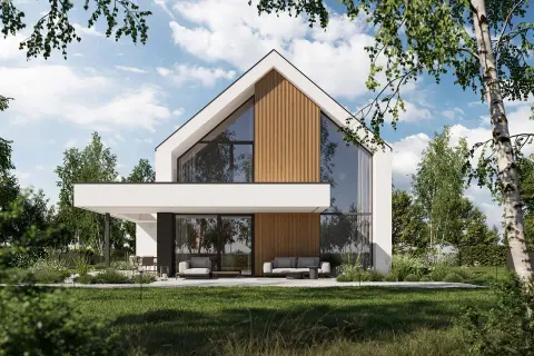 Nowoczesny dom z dużymi przeszkleniami i drewnianymi elementami, otoczony zielenią. Projekt homekoncept 130.
