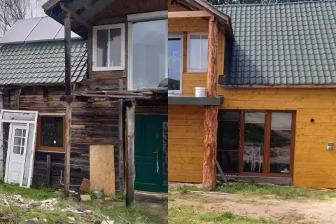 Przemiana starego domu na wzniesieniu w przytulne, drewniane schronienie. Widać wyraźną różnicę przed i po remoncie.