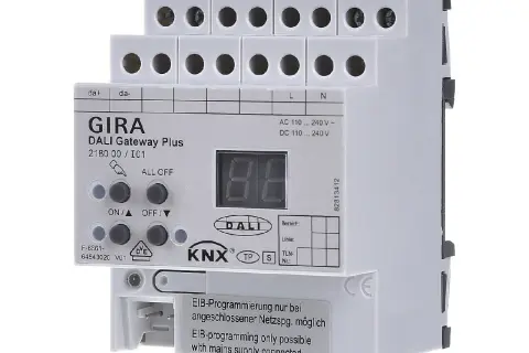 GIRA DALI Gateway Plus, zaawansowane sterowniki oświetlenia, z przyciskami ON/OFF i wyświetlaczem.
