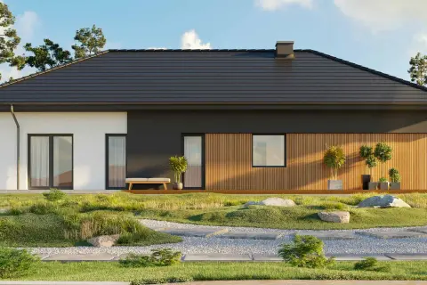 Nowoczesny dom z drewnianą elewacją, idealny dla rodziny. Projekt homekoncept 69.