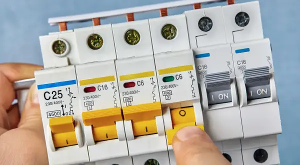 Palec naciska żółty wyłącznik nadprądowy typu b. Obok widać inne zabezpieczenia elektryczne.
