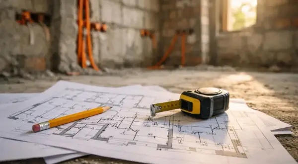 Plany budowy, ołówek i miarka leżą na ziemi. W tle widać instalację elektryczną, zgodną z normami elektrycznymi.