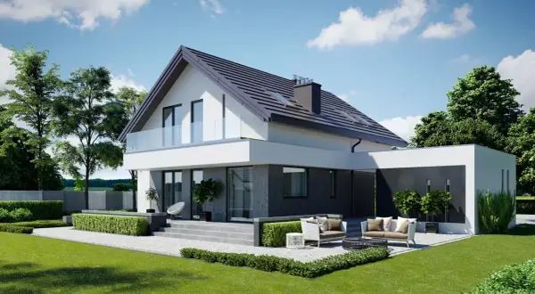 Nowoczesny dom z tarasem i ogrodem, idealny do relaksu. Projekt homekoncept 03.