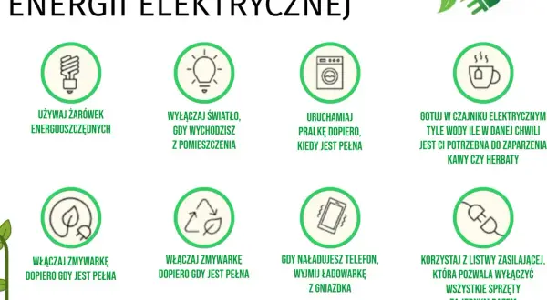Grafika prezentuje sposoby na oszczędzanie prądu: używaj żarówek energooszczędnych, wyłączaj światło, uruchamiaj pralkę i zmywarkę, gdy są pełne, gotuj tylko potrzebną ilość wody, wyjmuj ładowarkę z gniazdka i korzystaj z listwy zasilającej.